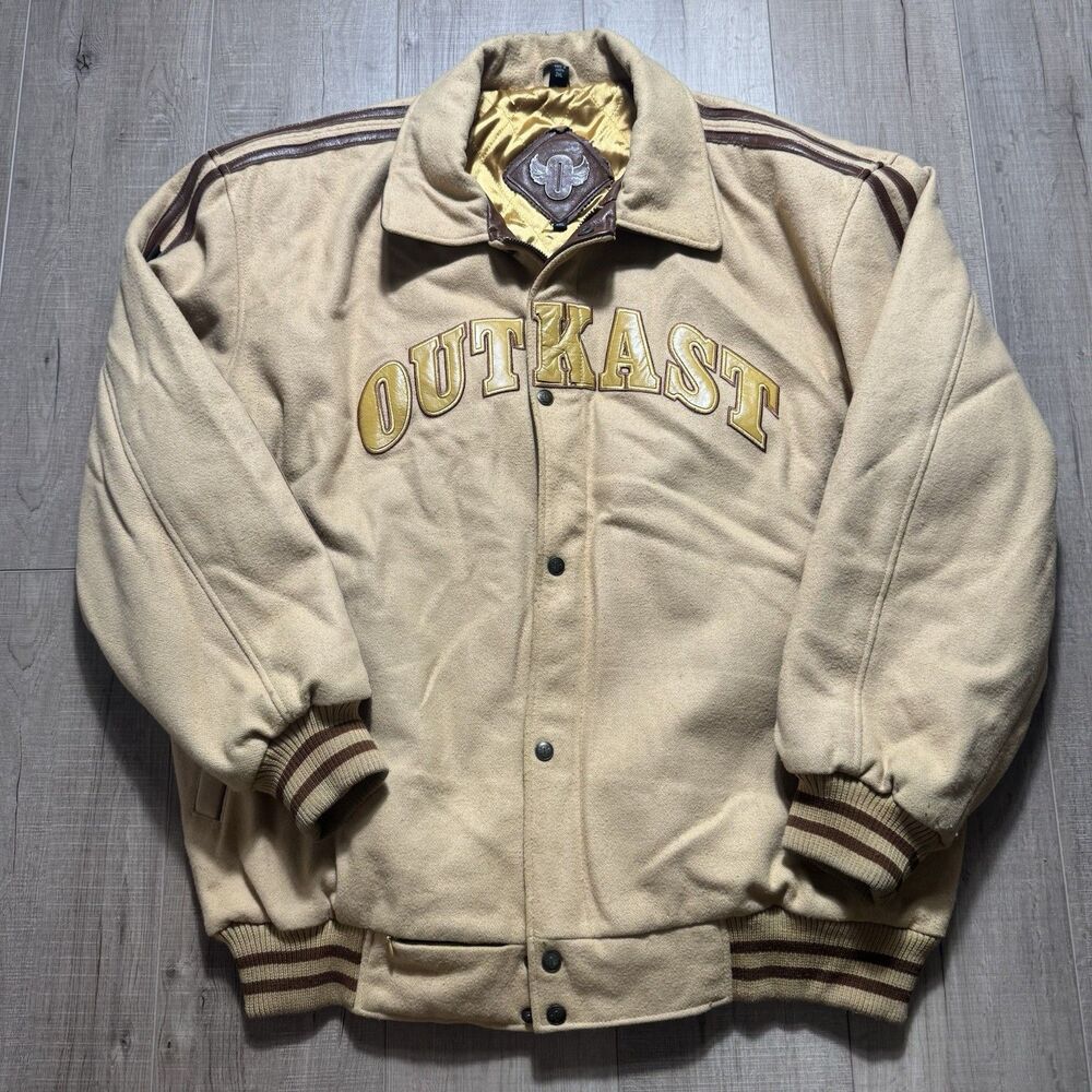 RARE OutKast 2XL Leather Wool Varsity Jacket Brown Y2K Hop Hop Quilted Lined
